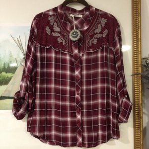 NWT Hazel Lisa Plaid Lace Embroidered Blouse Shirt